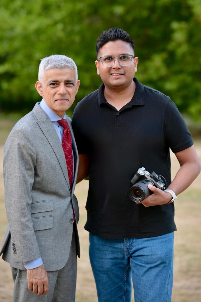 Moiz, founder of Bridal Shots, with the Mayor of London Sadiq Khan at a wedding at Morden Hall