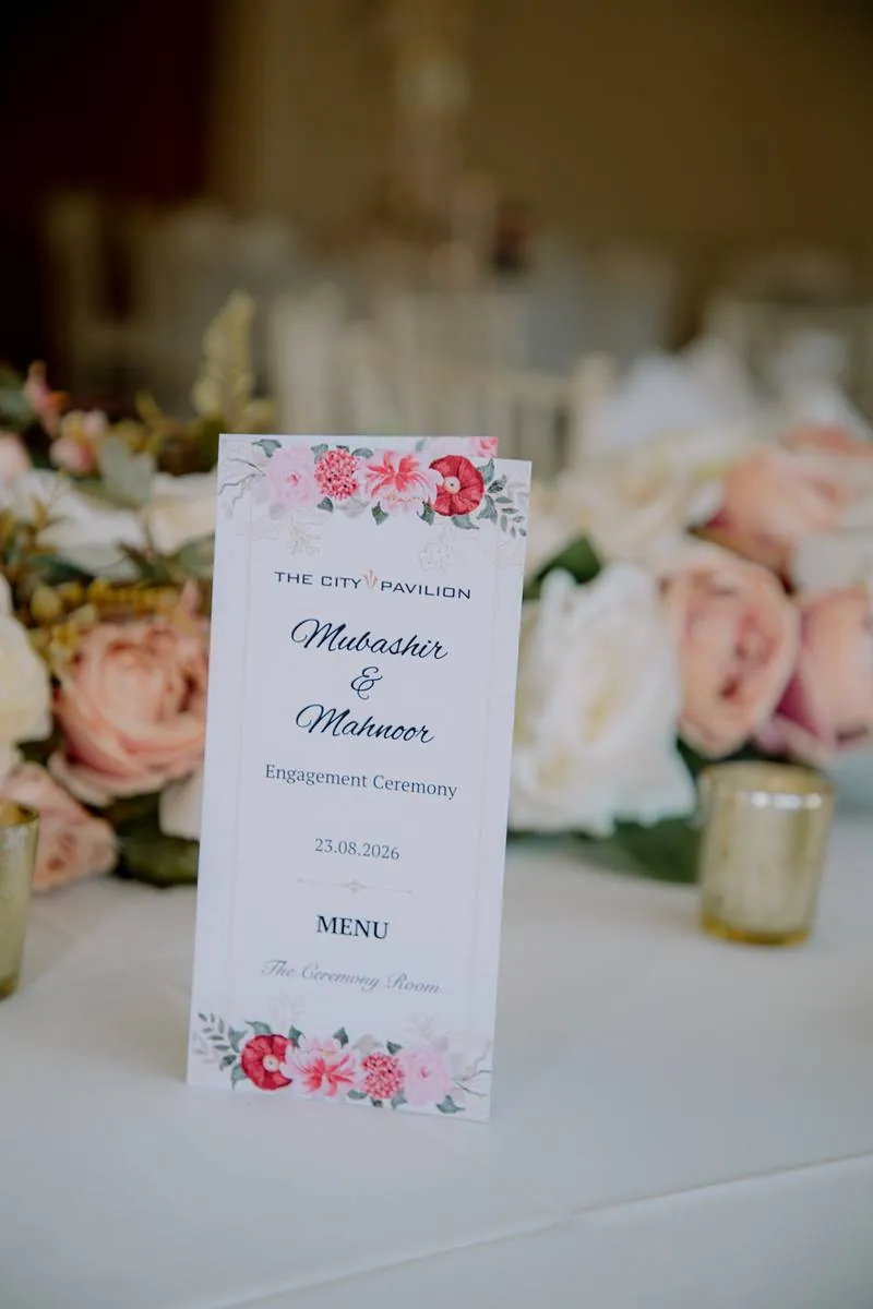 The menu card among blush roses