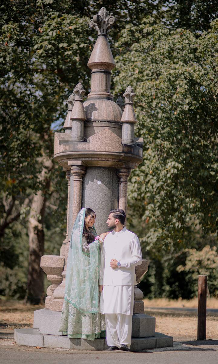 A quiet moment by the stone monument