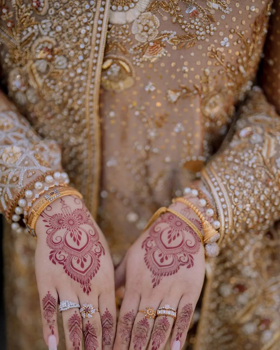 Close-up of the bride's henna and gold embroidery